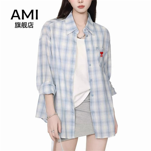 美式蓝色格子防晒衬衫女