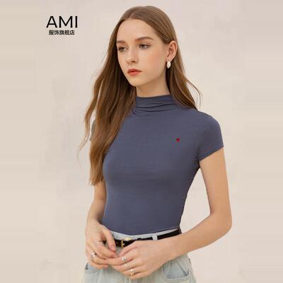 AMI女装旗舰店半高领短袖t恤女2025夏季新款欧美百搭修身显瘦上衣