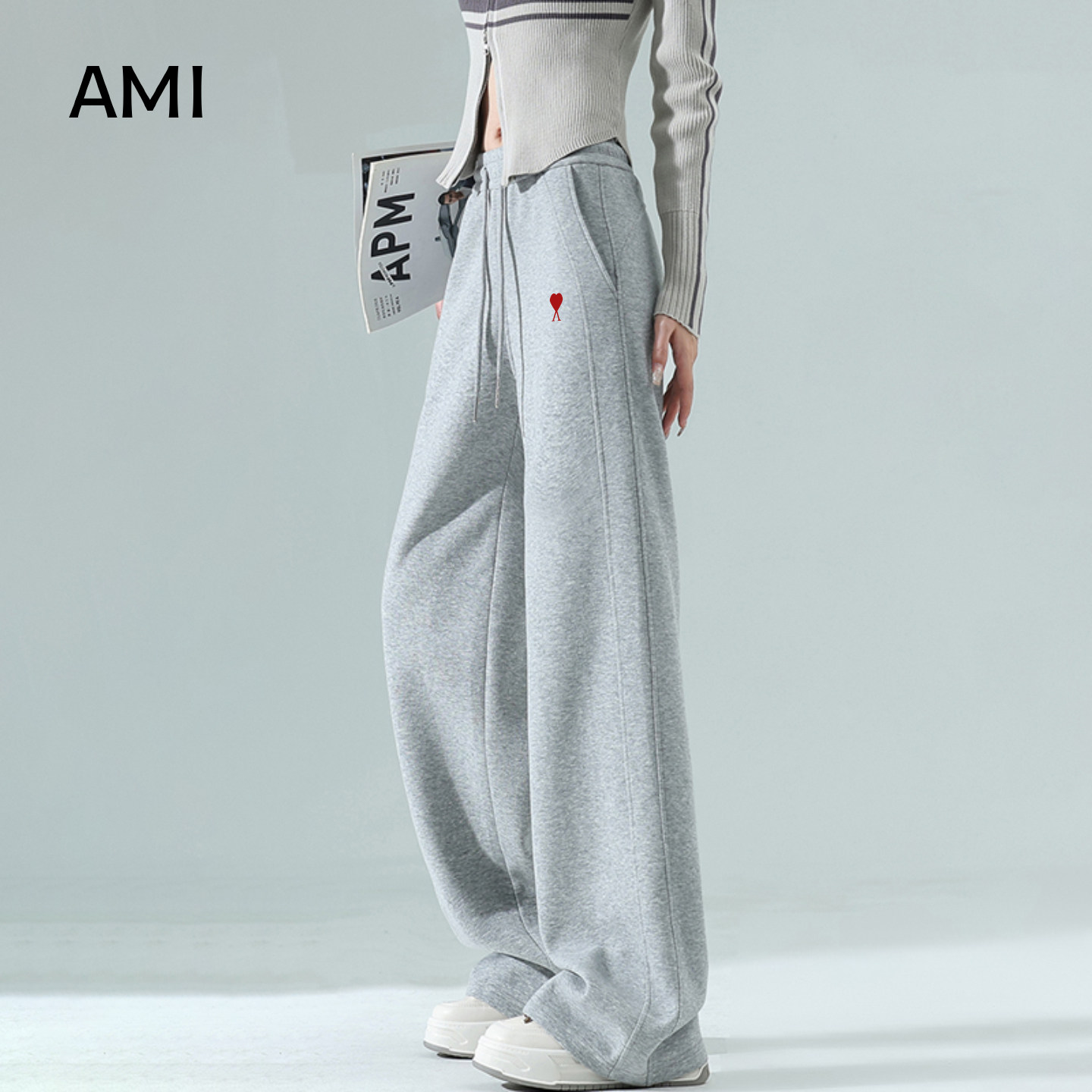 AMI官方美式灰色阔腿裤女春秋新款宽松直筒运动卫裤休闲慵懒窄版