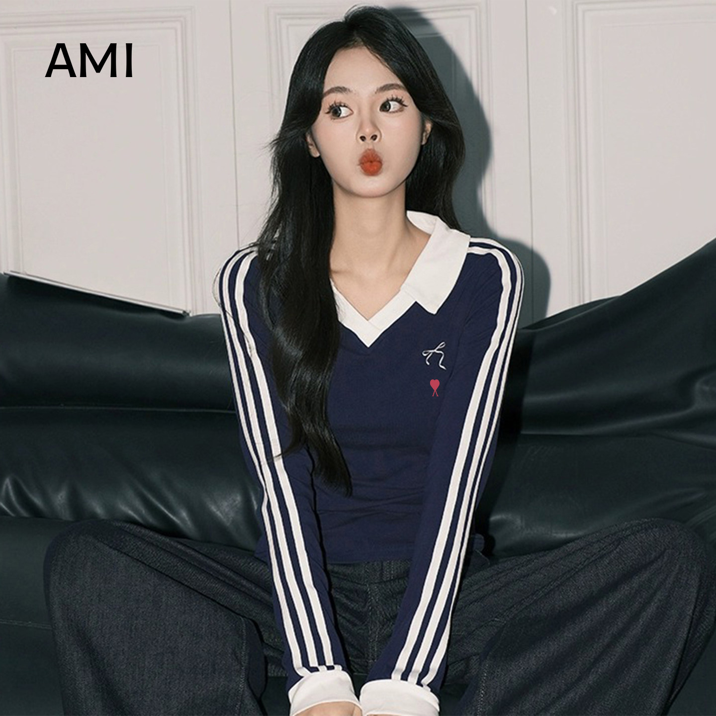 AMI官方 2026美式藏青色Polo领长袖T恤衫女春初春正品打底修身条