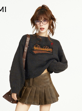 AMI旗舰店美式灰色短款针织毛衣女秋冬新款设计感打底衫宽松上衣