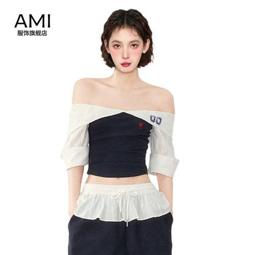 AMI官方旗舰店美式藏青色一字肩短袖t恤女夏季正品辣妹上衣裤子两