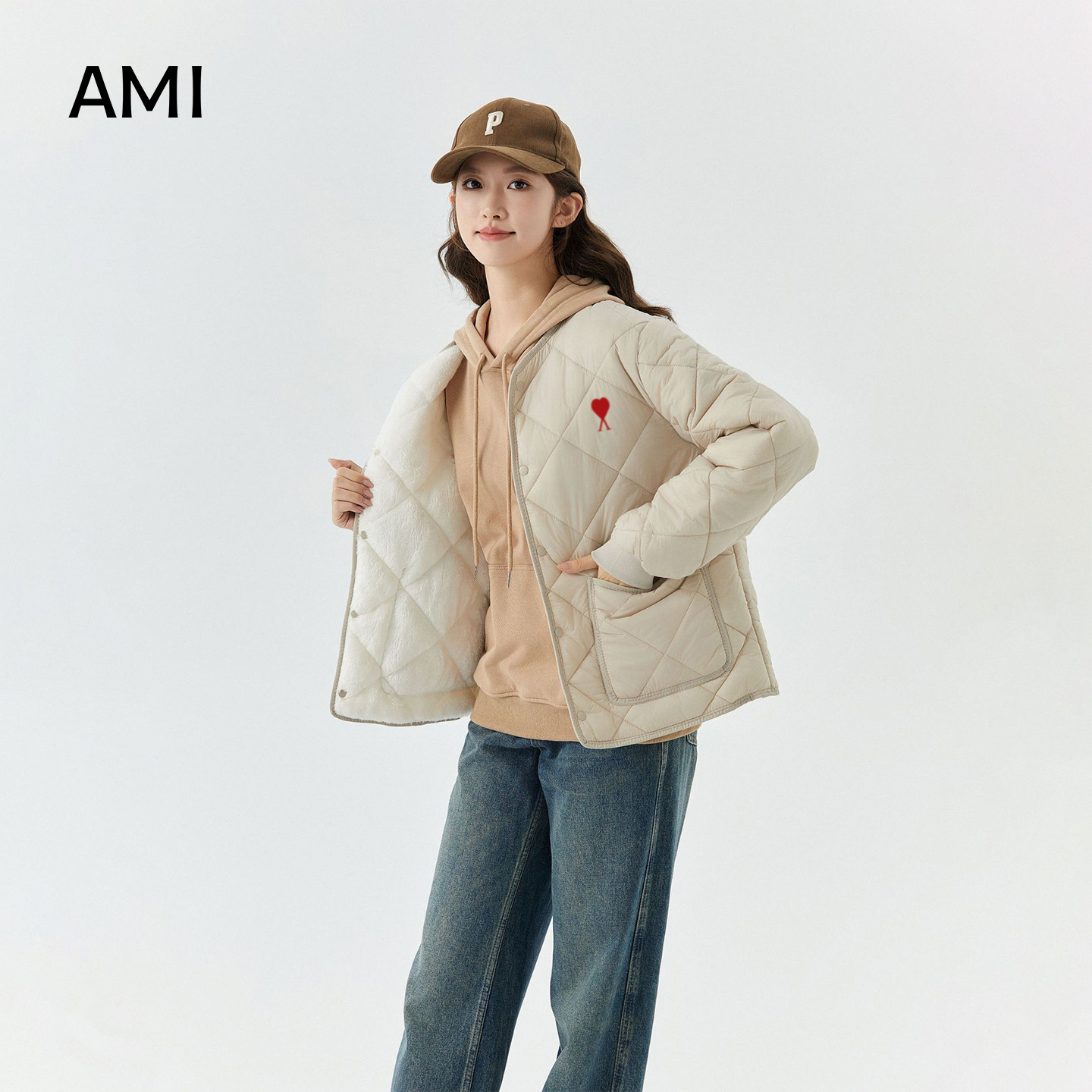 AMI美式加绒保暖长袖棉衣女款2025秋冬新款棉服修身显瘦外套上衣