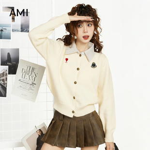 AMI官方美式假两件polo领短款毛衣开衫女秋春新款内搭打底针织衫