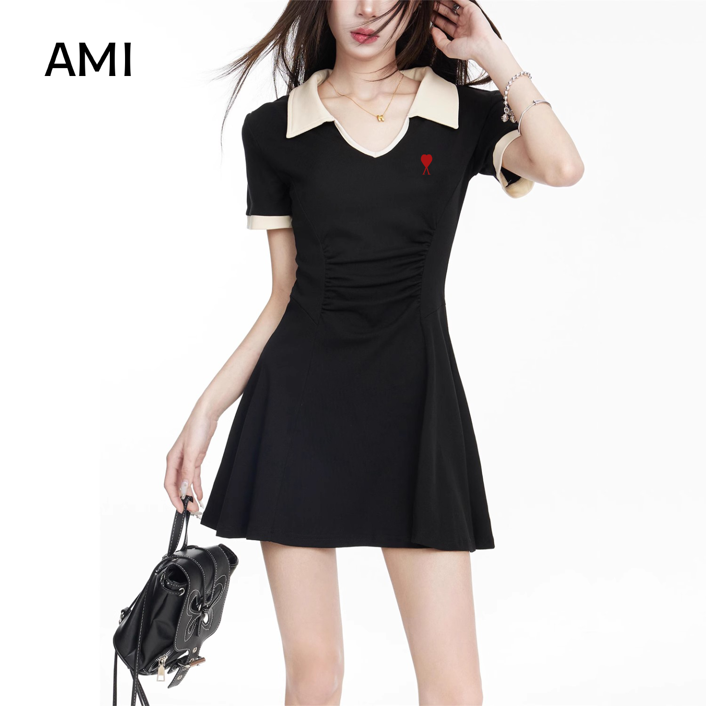 AMI 2025美式撞色polo领连衣裙女夏正品收腰显瘦小个子黑色短裙
