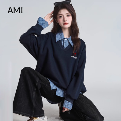AMI2025美式格子拼接假两件polo领卫衣女慵懒风宽松刺绣上衣潮