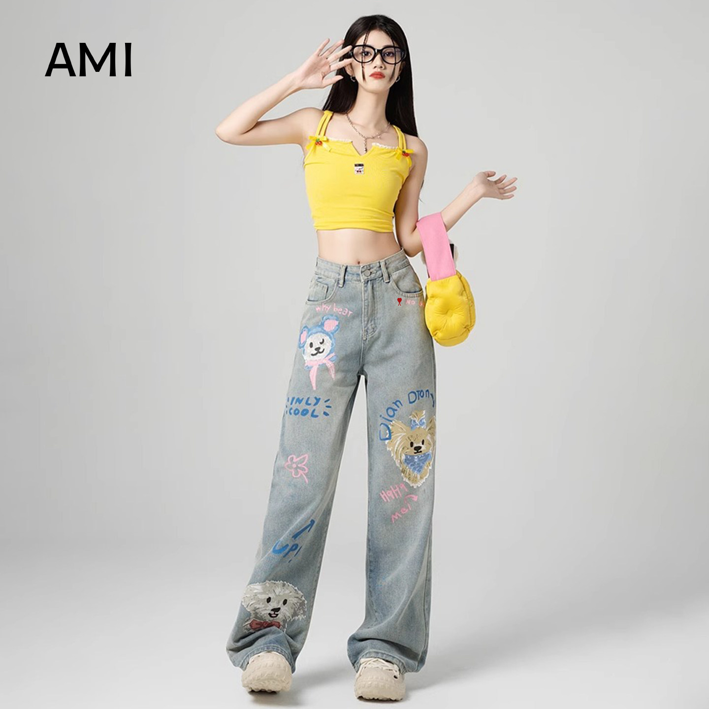 AMI官方美式复古多巴胺涂鸦印花阔腿牛仔裤女春正品高腰直筒拖地