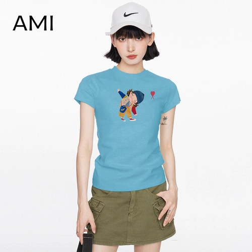 AMI官方美式蓝色印花短袖t恤女春夏新款修身显瘦好看正肩2026上衣