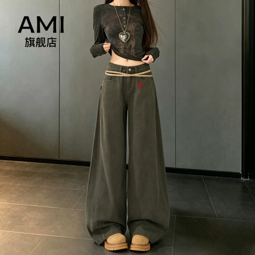 AMI女装复古灰军绿色阔腿牛仔裤女秋冬高腰宽松显瘦慵懒风直筒裤