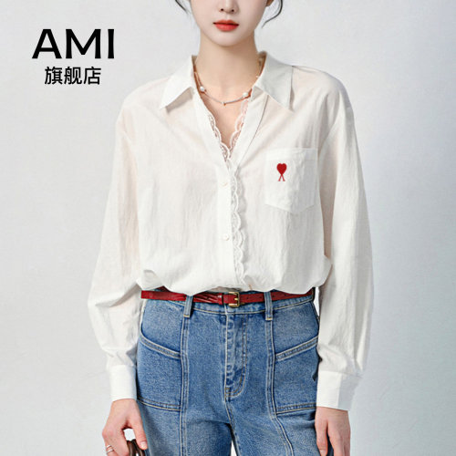 AMI官方高级感V领长袖衬衫女2026夏新款白色蕾丝拼接翻领衬衣上衣