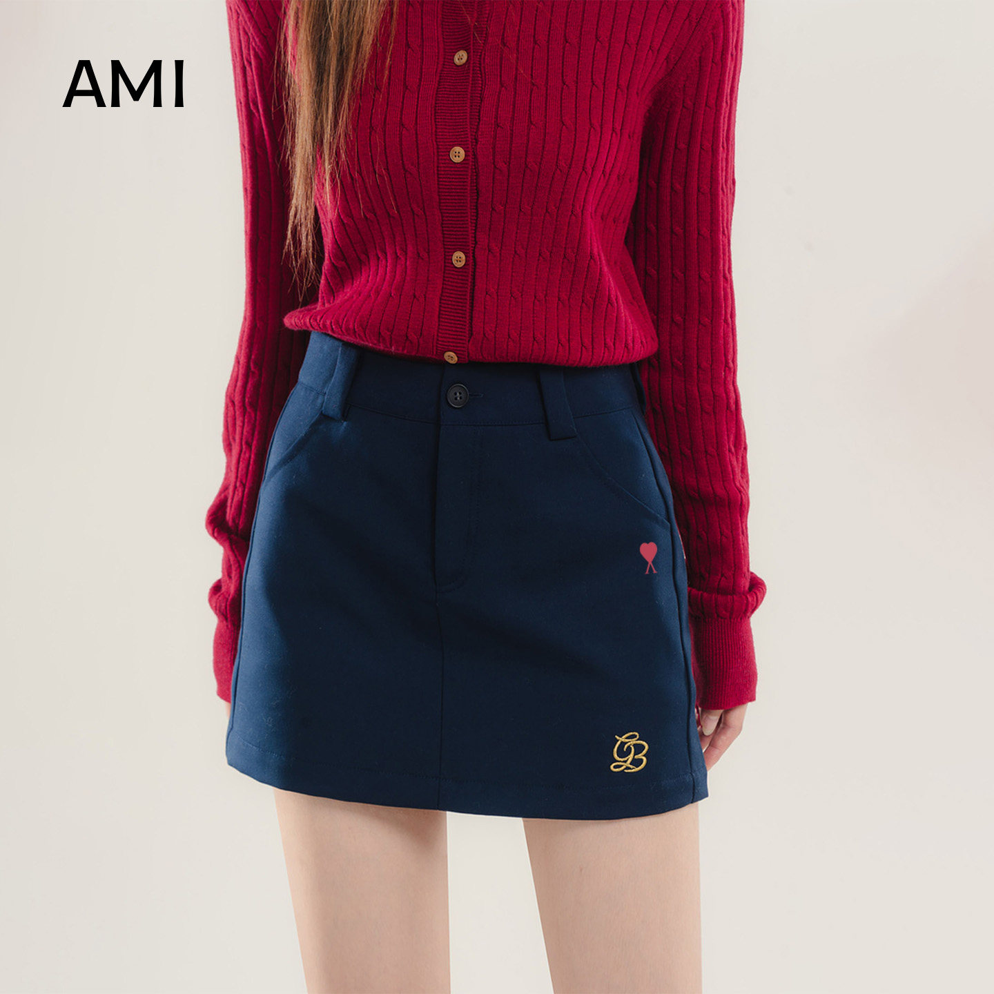 AMI官方美式藏青a字半身裙女春秋新款高腰复古西装包臀短裙修身显