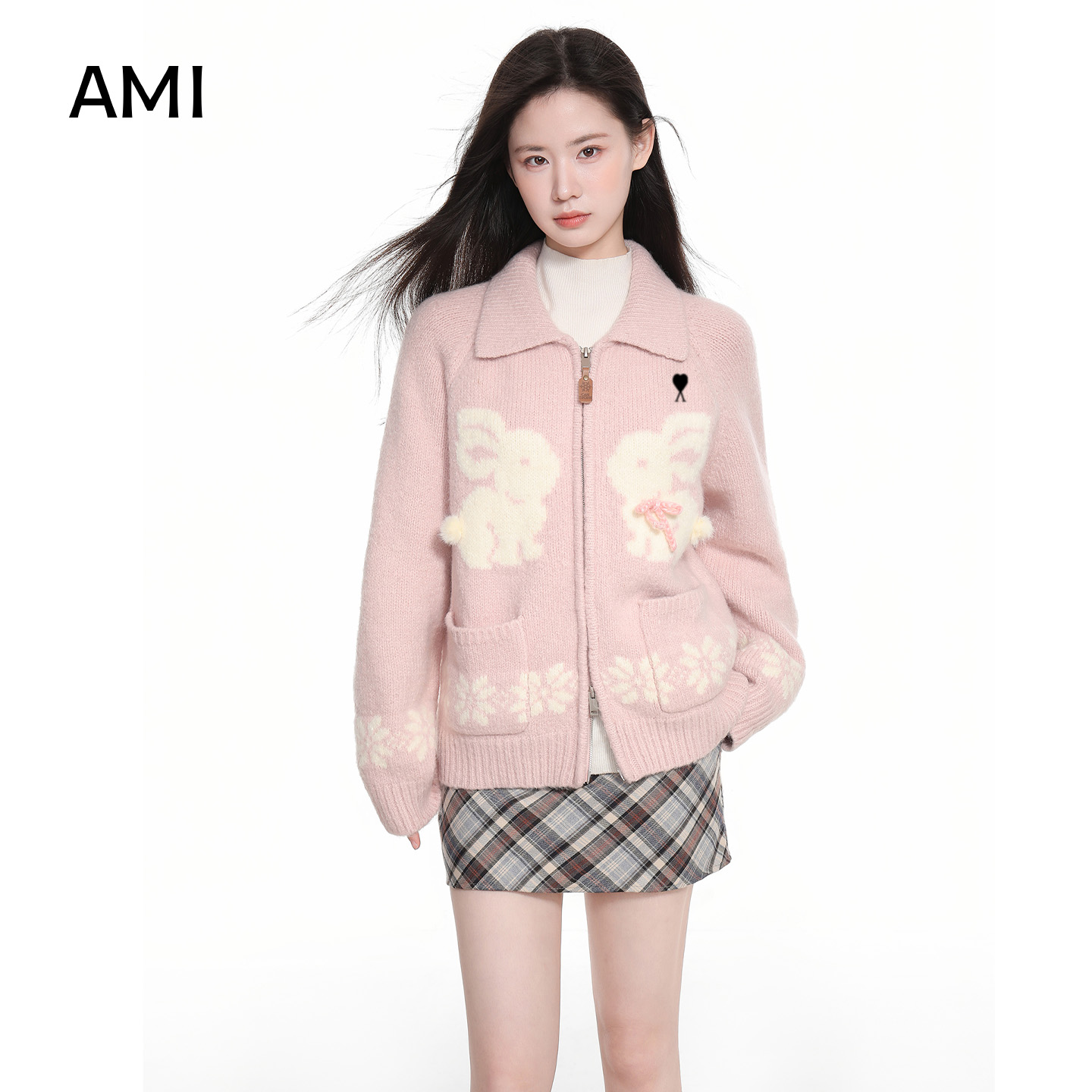 AMI粉色双拉链加厚翻领针织毛衣外套女秋冬慵懒风开衫上衣冬季