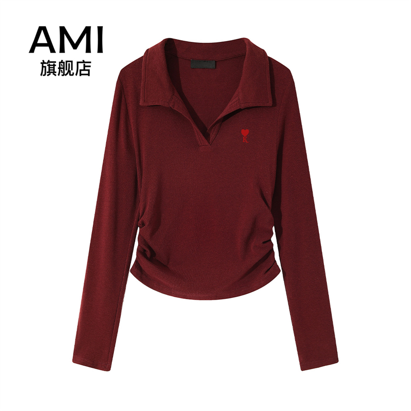 AMI官方红色polo领正肩长袖t恤女秋季设计感褶皱收腰内搭打底衫9