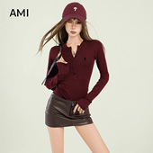 辣妹红色V领打底衫 长袖 T恤女春秋新款 AMI官方美式 修身 内搭新年202
