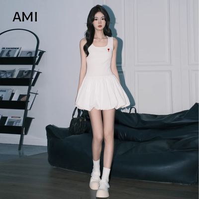 AMI官方2026美式白色A字连衣裙女春夏正品U领背心裙蓬蓬花苞短裙