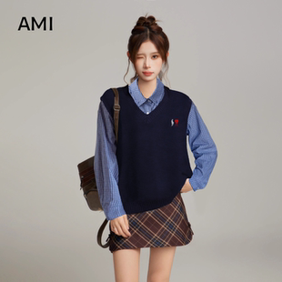 AMI官方美式藏蓝v领针织马甲背心女春秋新款叠穿衬衫毛衣无袖上衣