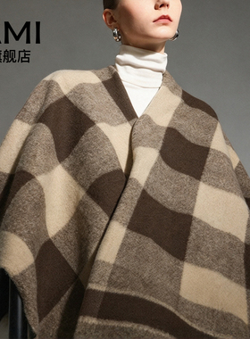 AMI女装高级感斗篷加大加宽围巾披肩两用女咖啡色秋冬格子围脖