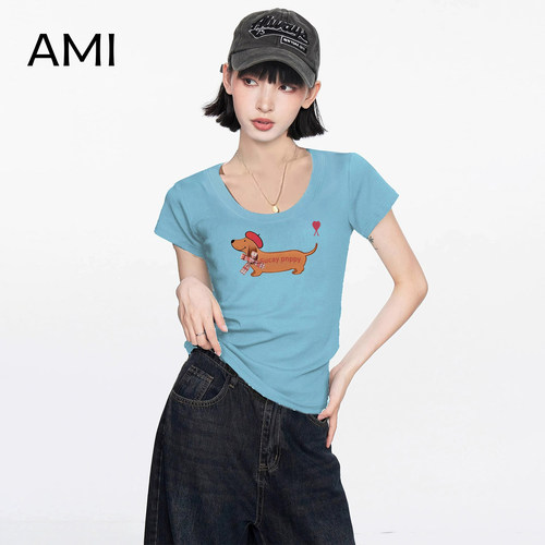 AMI官方2026美式大领口小狗26衫短袖t恤女夏季正品修身显瘦U领