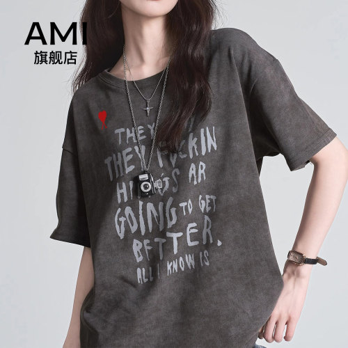 AMI官方美式2026夏字母印花圆领短袖T恤女半袖设计感通勤休闲上衣