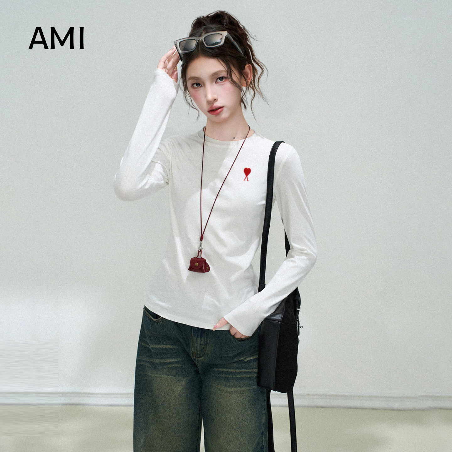 AMI官方美式春秋正品修身紧身圆领内搭白色打底衫长袖t恤女上衣打