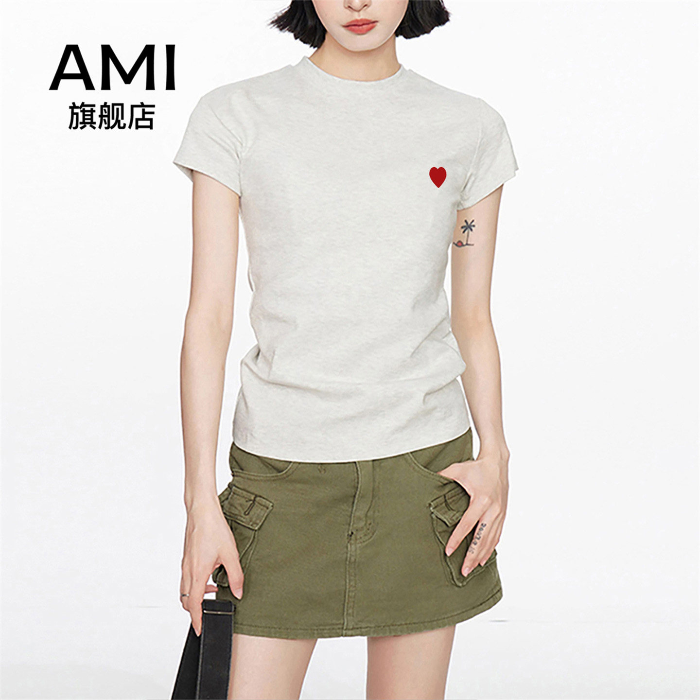 AMI官方圆领正肩短袖t恤女夏季短款休闲百搭2026新款纯色半袖9