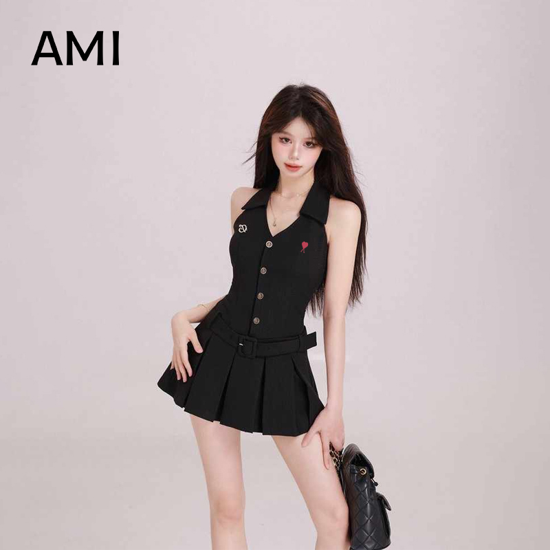 AMI旗舰店美式无袖挂脖连衣裙子女夏季正品气质辣妹露背百褶短裙