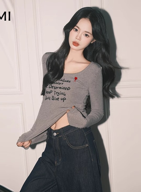 AMI2025美式大圆领灰色修身长袖T恤女冬秋正品打底字母印花上衣