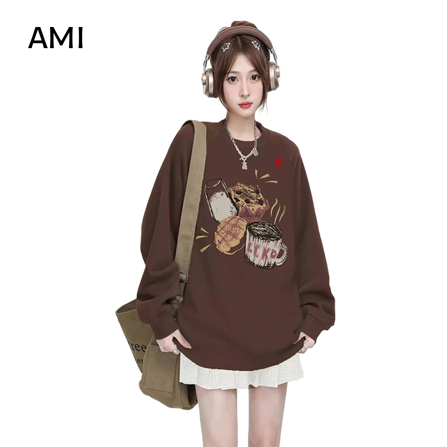 AMI美式复古圆领长袖卫衣女春秋新款宽松慵懒风oversize上衣外套