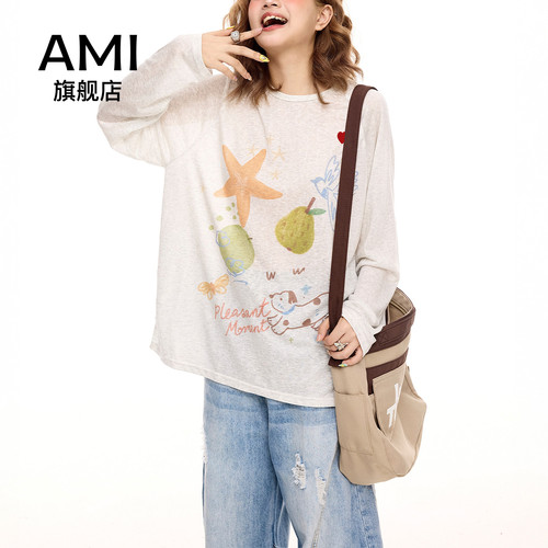 AMI官方美式涂鸦印花物理防晒罩衫女秋季新款宽松长袖t恤上衣9