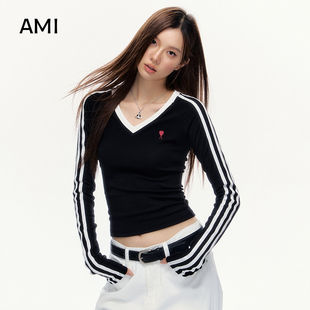 內搭打底衫 AMI旗艦店美式 黑色V領長袖 T恤女春秋正品 辣妹上衣 修身
