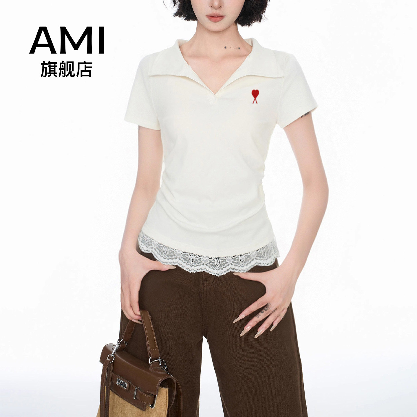 AMI官方白色蕾丝花边polo领短袖正肩t恤女夏短款修身收腰v领上衣