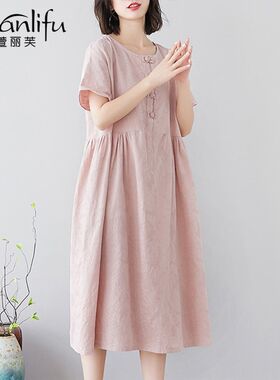 中年妈妈夏装洋气棉麻连衣裙时尚气质宽松显瘦遮肚棉绸夏天薄款裙