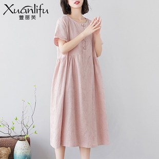 中年妈妈夏装洋气棉麻连衣裙时尚气质宽松显瘦遮肚棉绸夏天薄款裙