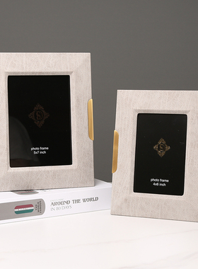 黄铜皮革相框6寸7寸画框相架摆台卧室牀头柜样板房摆件书桌装饰品
