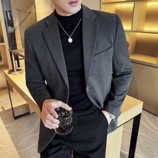 高级感西服男秋冬毛呢外套休闲A潮流英伦西装呢子韩版修身单西上