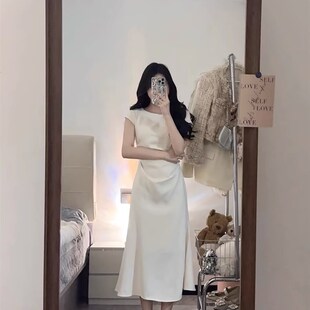 小个子 气质白色收腰显瘦鱼尾长裙女夏季修身中长款连衣裙