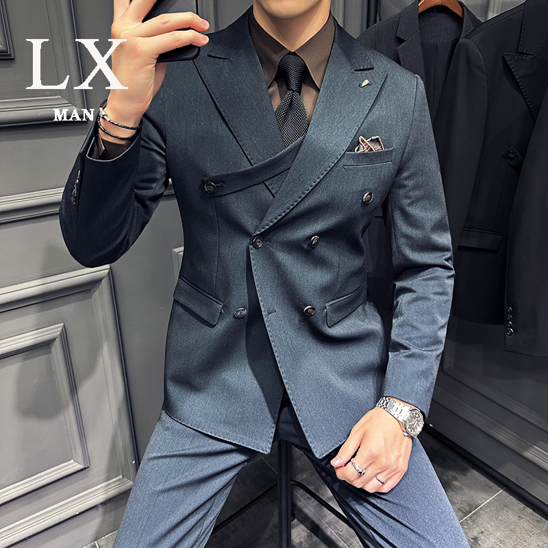秋冬季高级感结婚新n郎西服套装商务休闲正装英伦风双排扣西装男