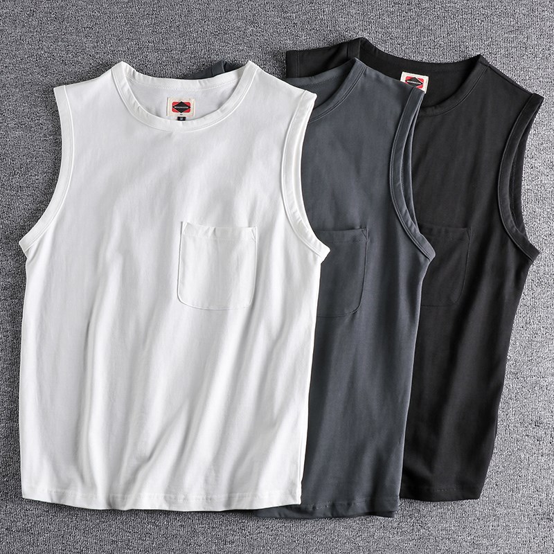 夏季纯棉口袋无袖tm恤背心男 潮流纯色复古坎肩短袖外穿运动体恤
