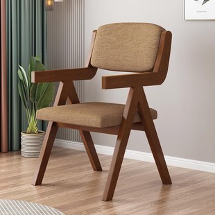实木休闲椅餐椅靠背软包舒适家用书桌扶手电脑民宿侘寂风北欧椅子