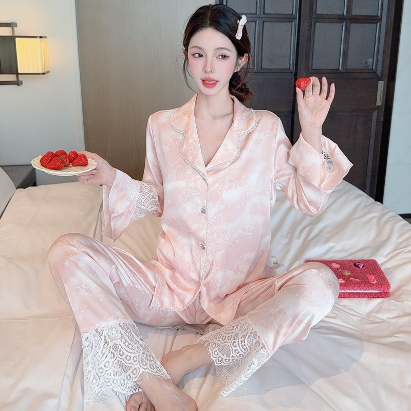 高级感睡衣女款202p5新款冰丝春秋长袖夏季蕾丝柔软粉色家居服套