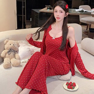 2026新款喜庆红色莫代尔睡衣女春秋季新年款爱心印花三件套家居服