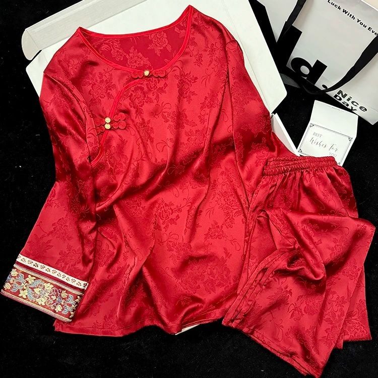 2026冰丝新中式红色结婚睡衣女