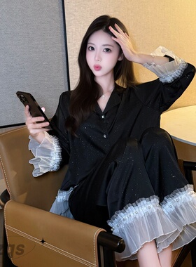 2025新款冰雪丝睡衣女春秋夏季蕾丝星星高级感爆款家居服套装长袖