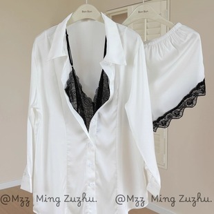 2025新款纯欲风拼接蕾丝冰丝绸缎睡衣女春秋季高级感衬衫家居服秋