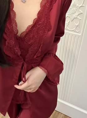 露思同款2026新款冰丝缎面睡衣女春秋季红色新年新婚款家居服套装