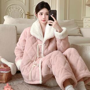 国风睡衣女款秋冬季三层加厚加绒夹棉珊瑚绒可外穿家居服套装保暖