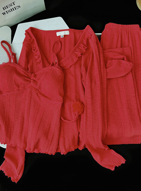 红色莫代尔棉睡衣女春秋季2026新款本命年甜美毛球带胸垫家居服