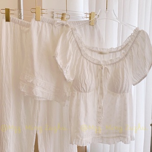 2025新款法式甜美纯棉带胸垫睡衣女夏季花边可外穿家居服三件套夏