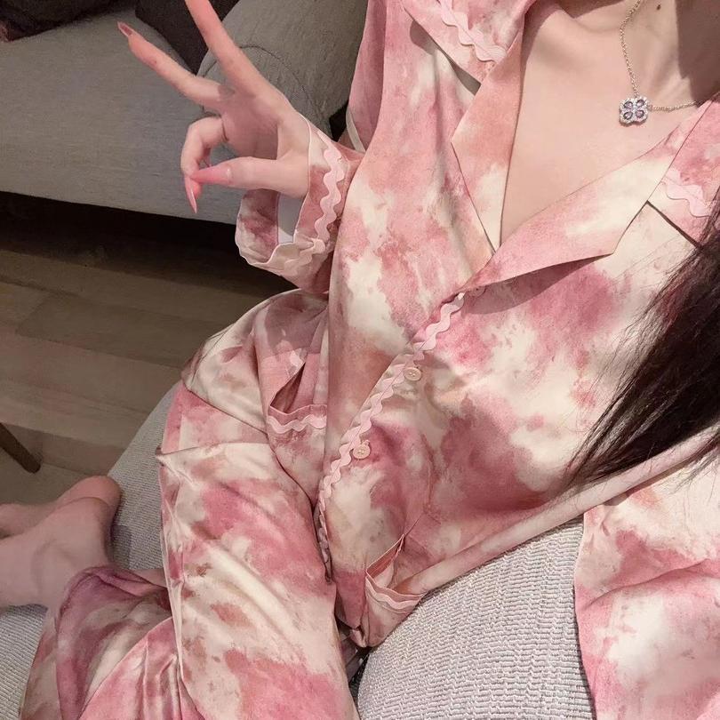 高级感水墨印花睡衣女春秋冰雪丝翻领长袖长裤可外穿家居服套装