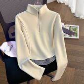 半拉链立领薄绒卫衣女今年短款 设计感假两件秋冬撞色长袖 上衣ins